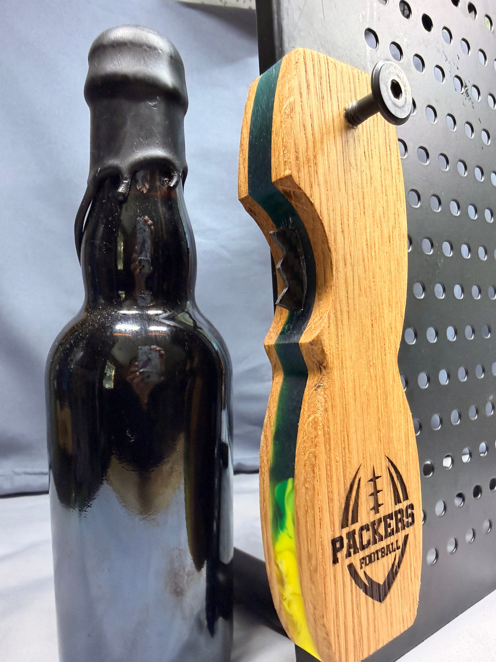 Packers Tribute Green & Yellow Quarter Sawn Oak & Resin Bottle Opener with Wax Cutter