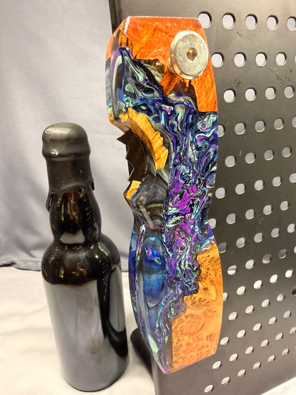 EPIC Burl & Purple & Blue Bursts Resin Bottle Opener with Wax Cutter