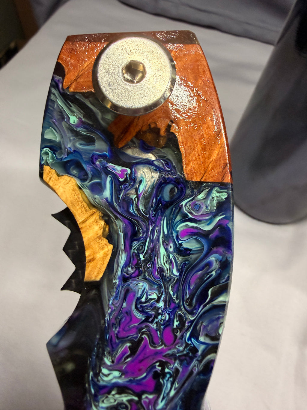 EPIC Burl & Purple & Blue Bursts Resin Bottle Opener with Wax Cutter