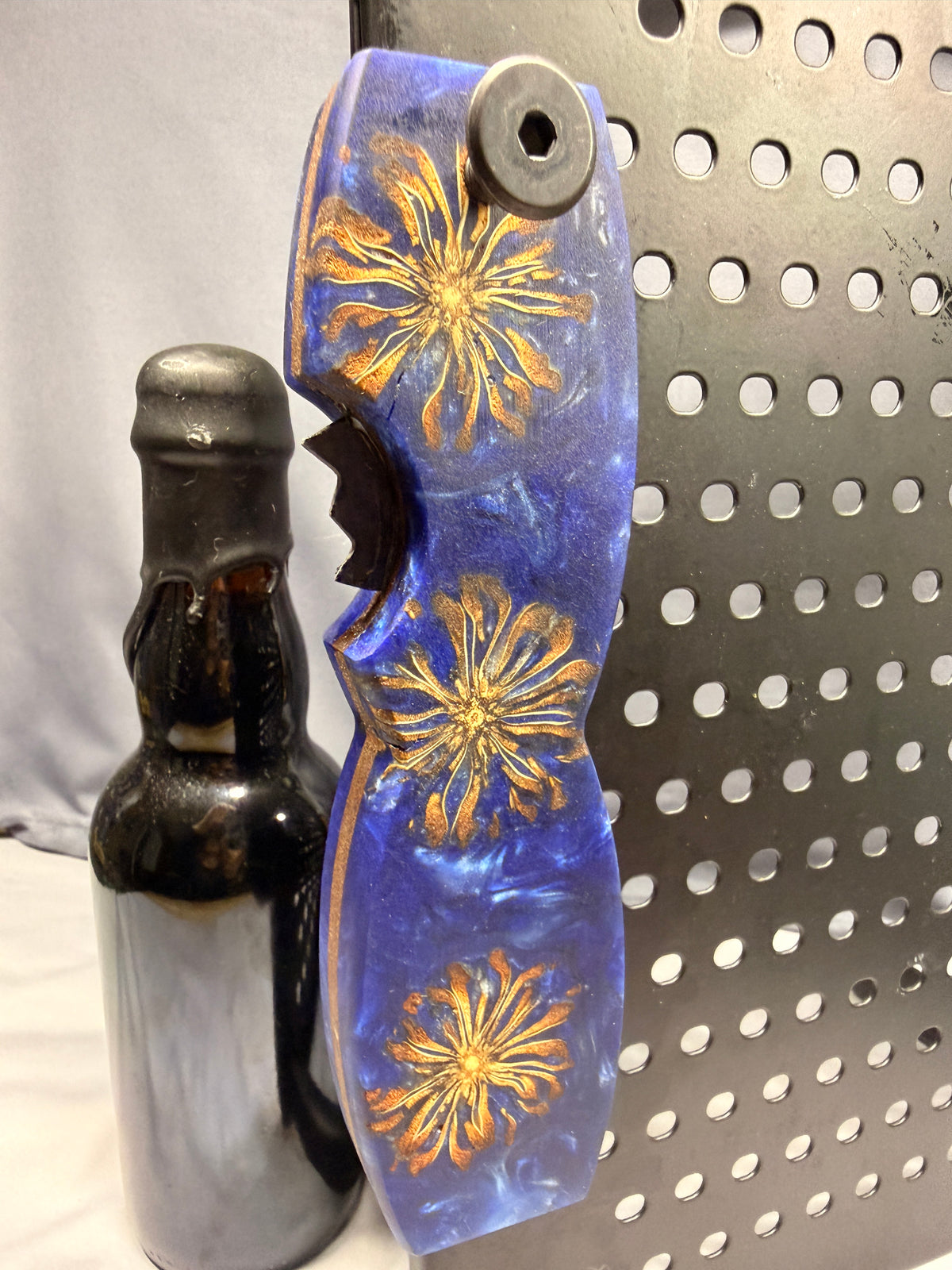 Brilliant Blue Magnolias - Beer Bottle Opener w/ Wax Cutter Blue & Silver Resin