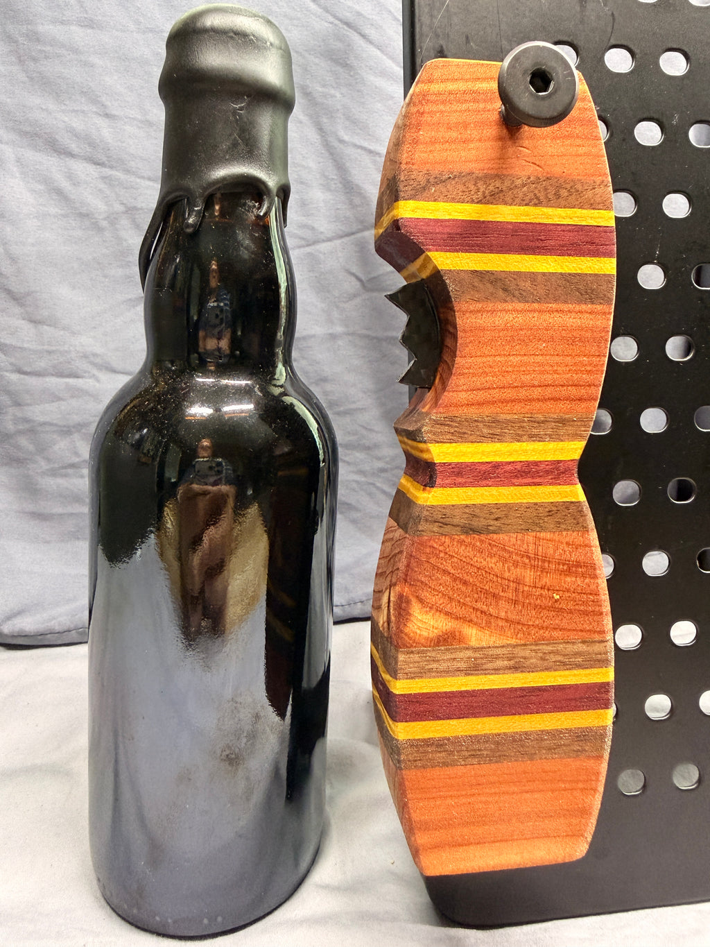 Maroon and Gold Layered Wood - Beer Bottle Opener w/ Wax Cutter