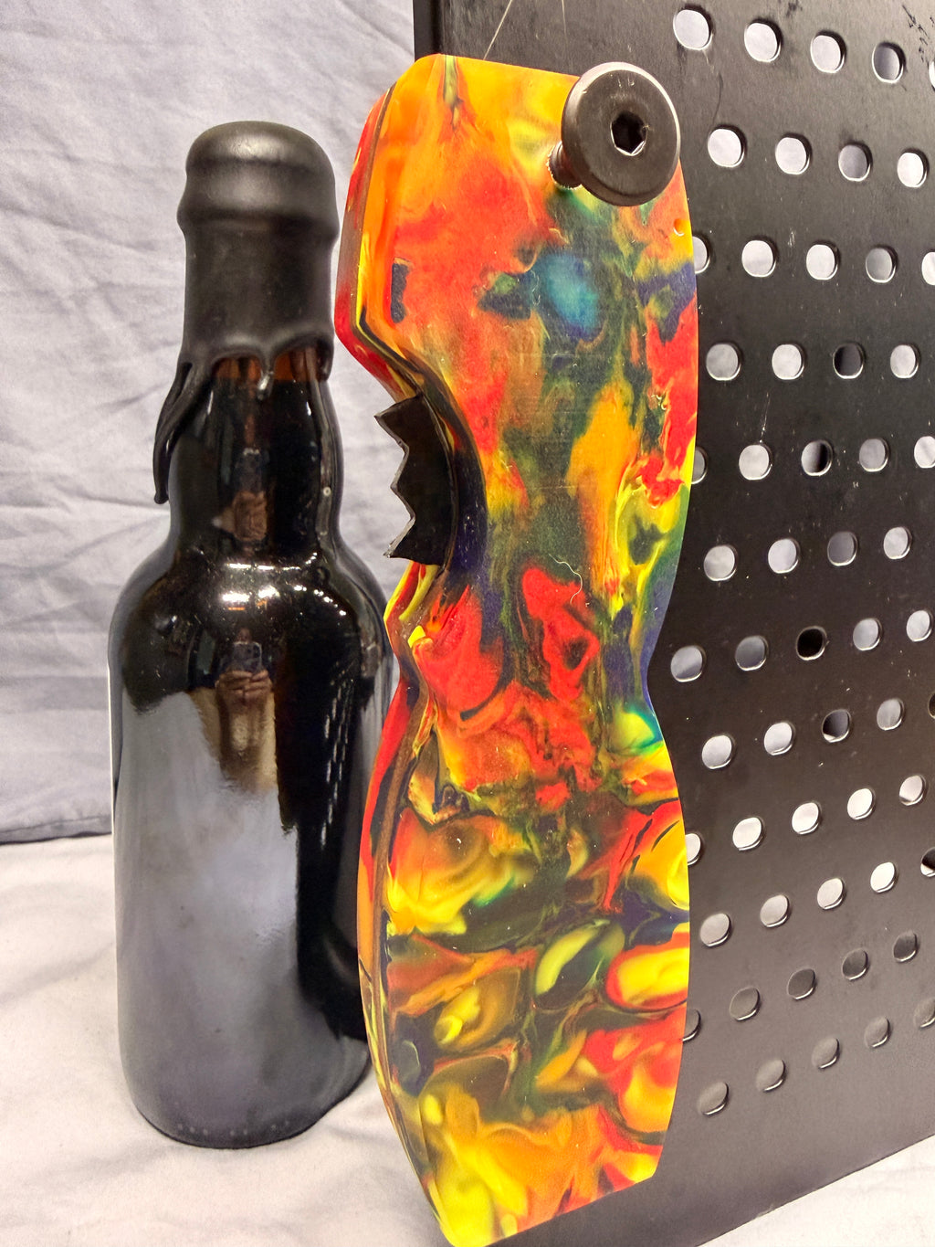 Red, Orange, Yellow, Blue Swirled Resin - Beer Bottle Opener w/ Wax Cutter