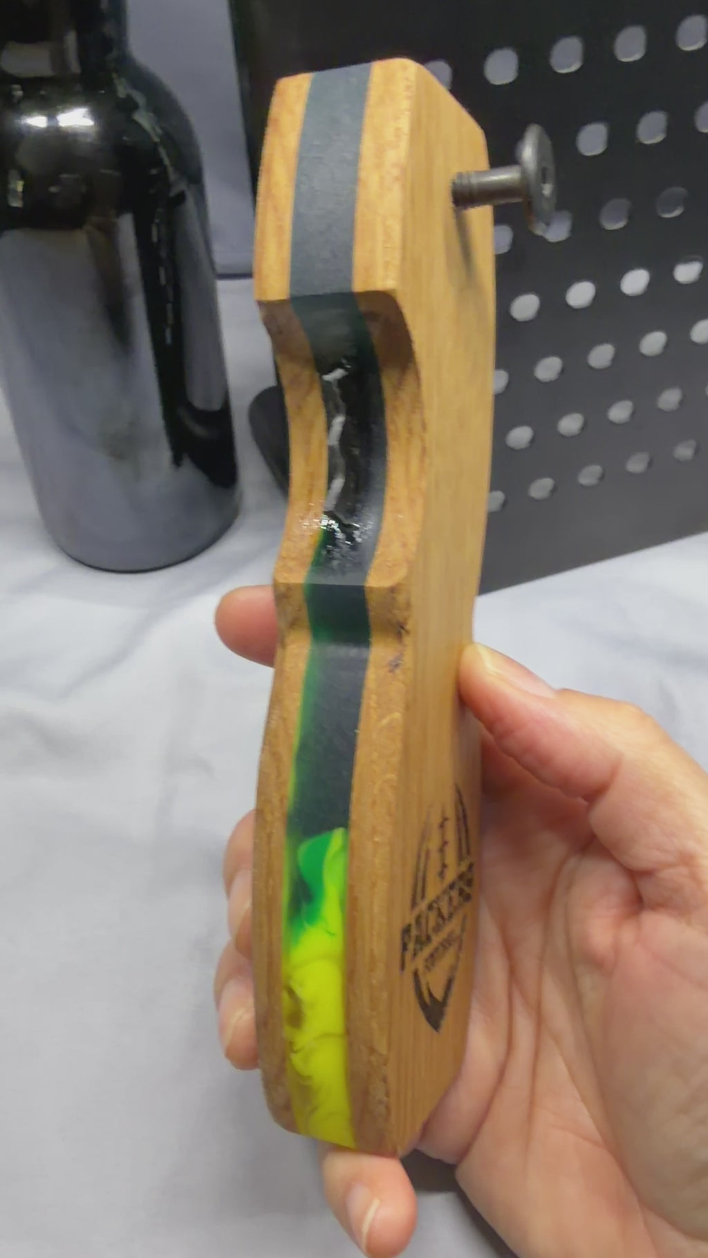 Packers Tribute Green & Yellow Quarter Sawn Oak & Resin Bottle Opener with Wax Cutter