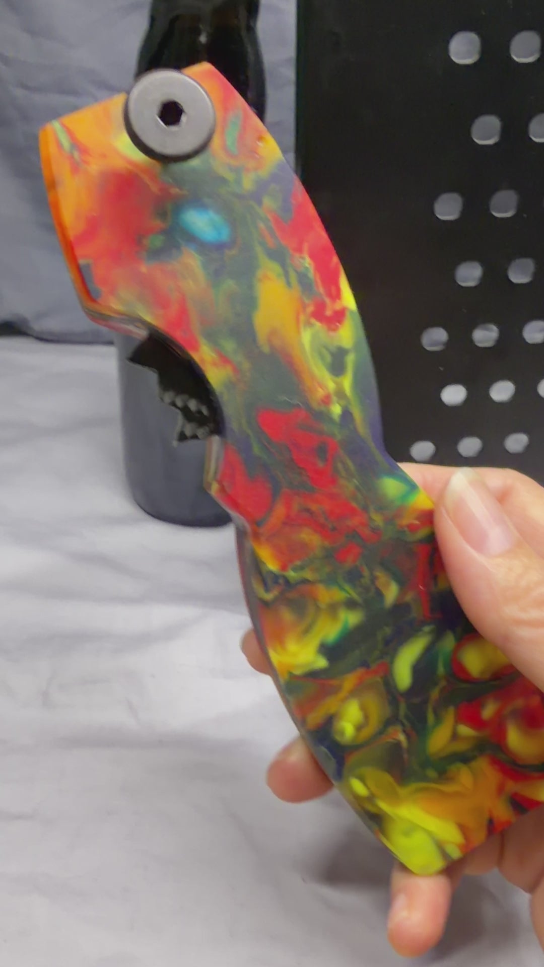 Red, Orange, Yellow, Blue Swirled Resin - Beer Bottle Opener w/ Wax Cutter