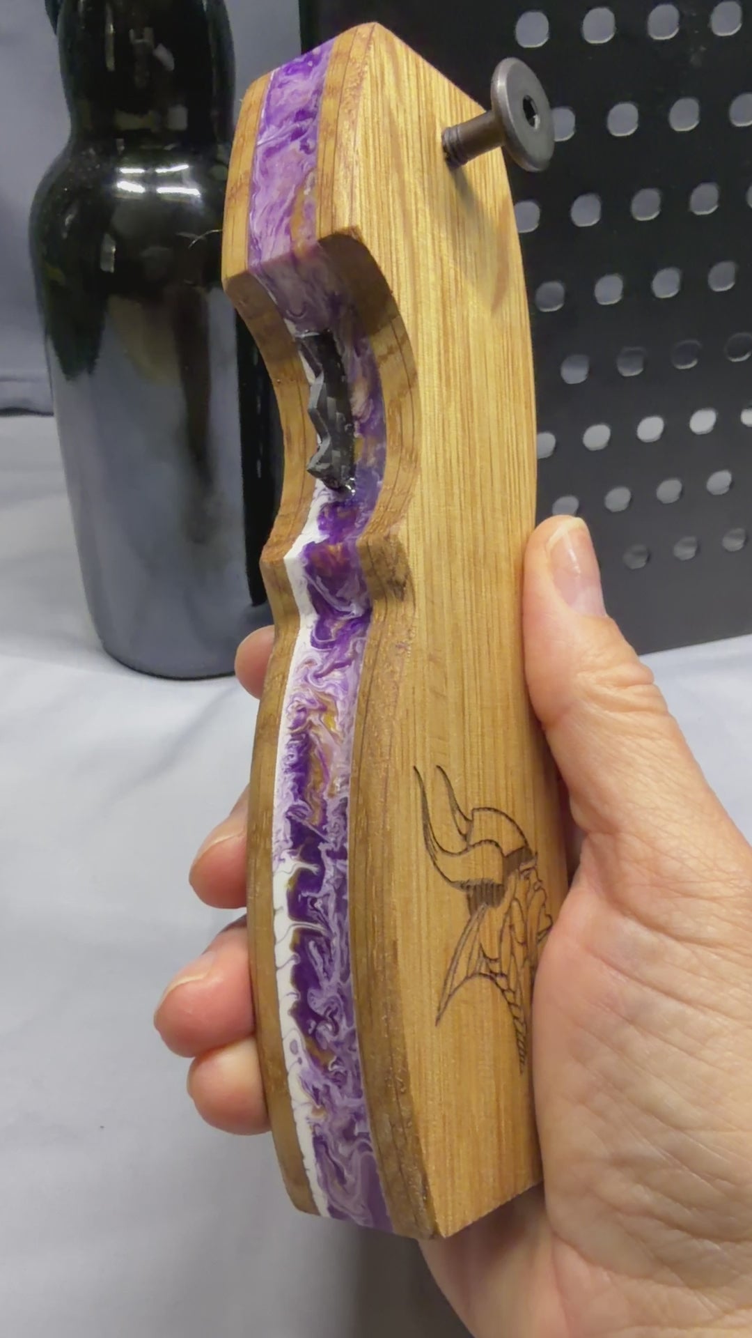 Vikings Tribute Purple, White, Gold Quarter Sawn Oak & Resin Bottle Opener with Wax Cutter
