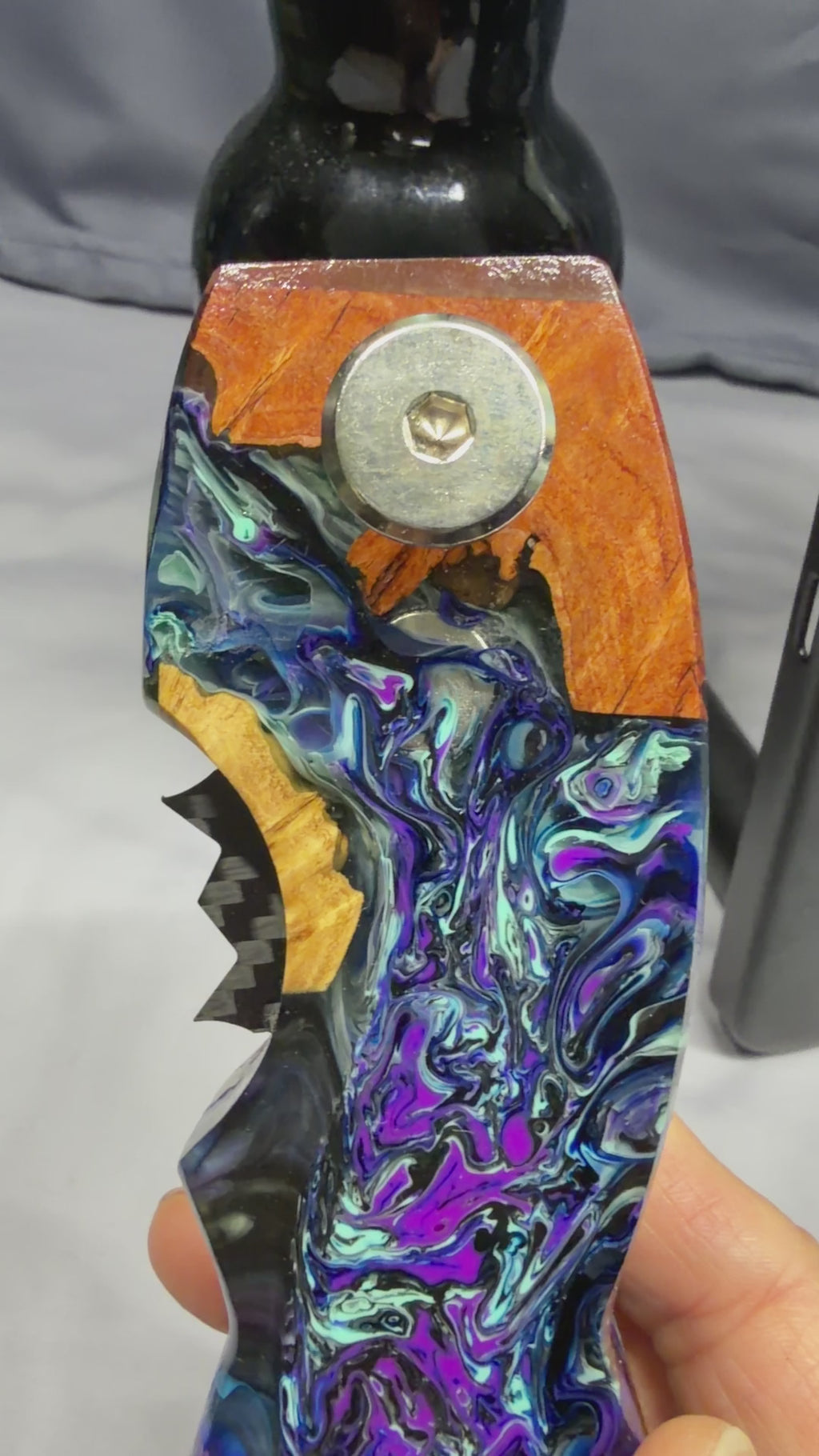 EPIC Burl & Purple & Blue Bursts Resin Bottle Opener with Wax Cutter
